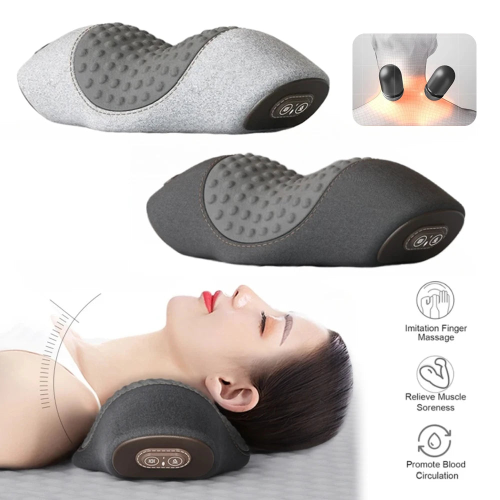 SootheWave heated neck relaxer pillow, side view and in use